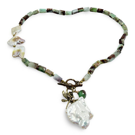 Chrysoprase Necklace with Dragonfly Charm and Baroque Pearl