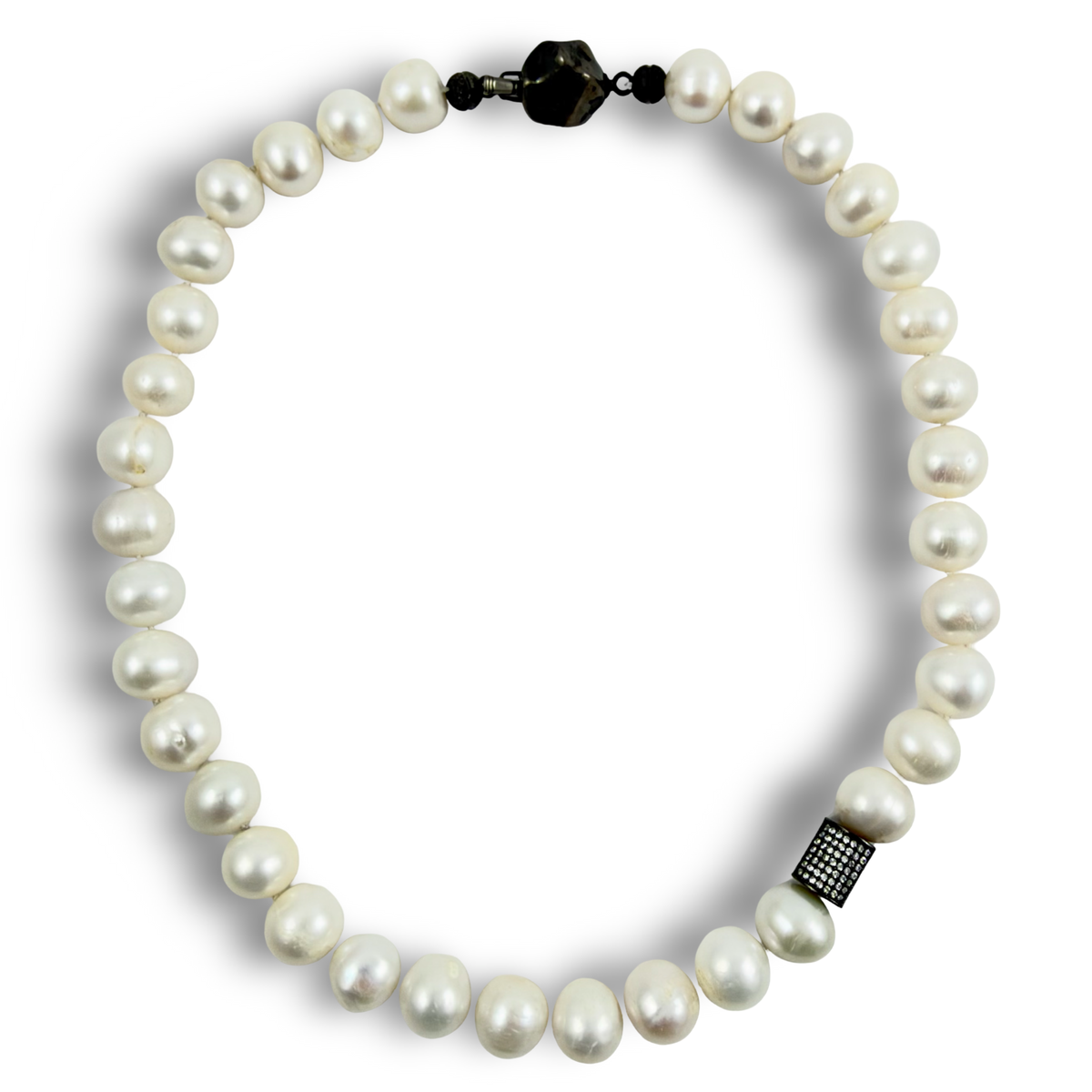Classic Pearl Bridal Necklace 16.5 inches long and black rhodium plated silver details