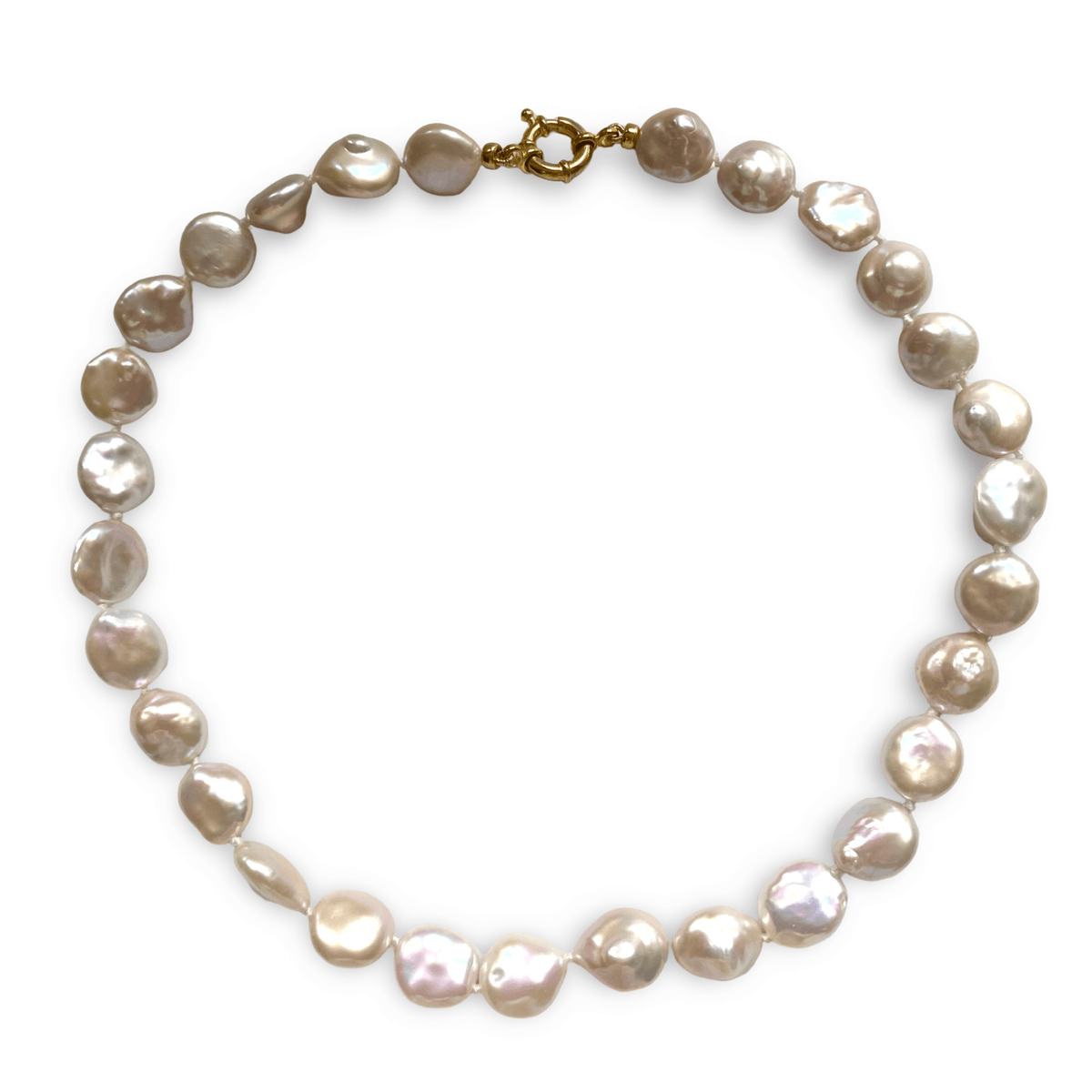 A white coin pearl necklace with irregular, lustrous beads in soft pink champagne and taupe tones, connected by a gold clasp, shown on a plain white background.
