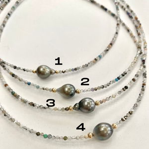 Natural Mix Stones Gemstone Multi Color Beaded Necklace with Tahitian Pearl, Gold Filled Details, 16.5"in