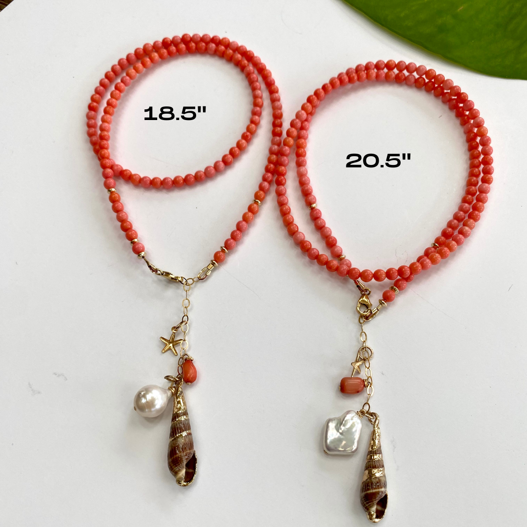 Pink Coral Necklace with a Tiny Starfish, Pearl & Shell Charm