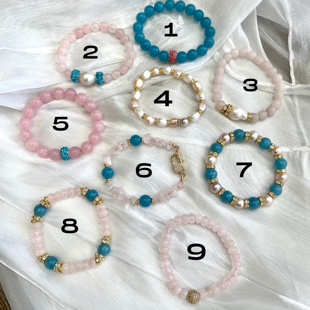 Blue sponge rose quartz pearl stretchy bracelet variations displayed flat with numbered options