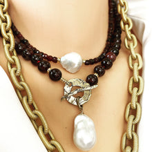 Load image into Gallery viewer, Garnet Toggle Necklace with Baroque Pearl Pendant, Gold Bronze &amp; Gold Filled, January Birthstone, 17.5&quot;in
