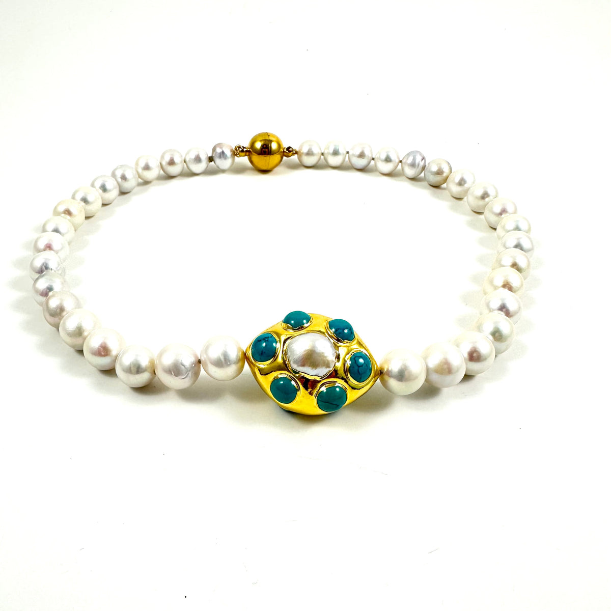 Silver white edison pearl necklace, near round pearls with turquoise accent 