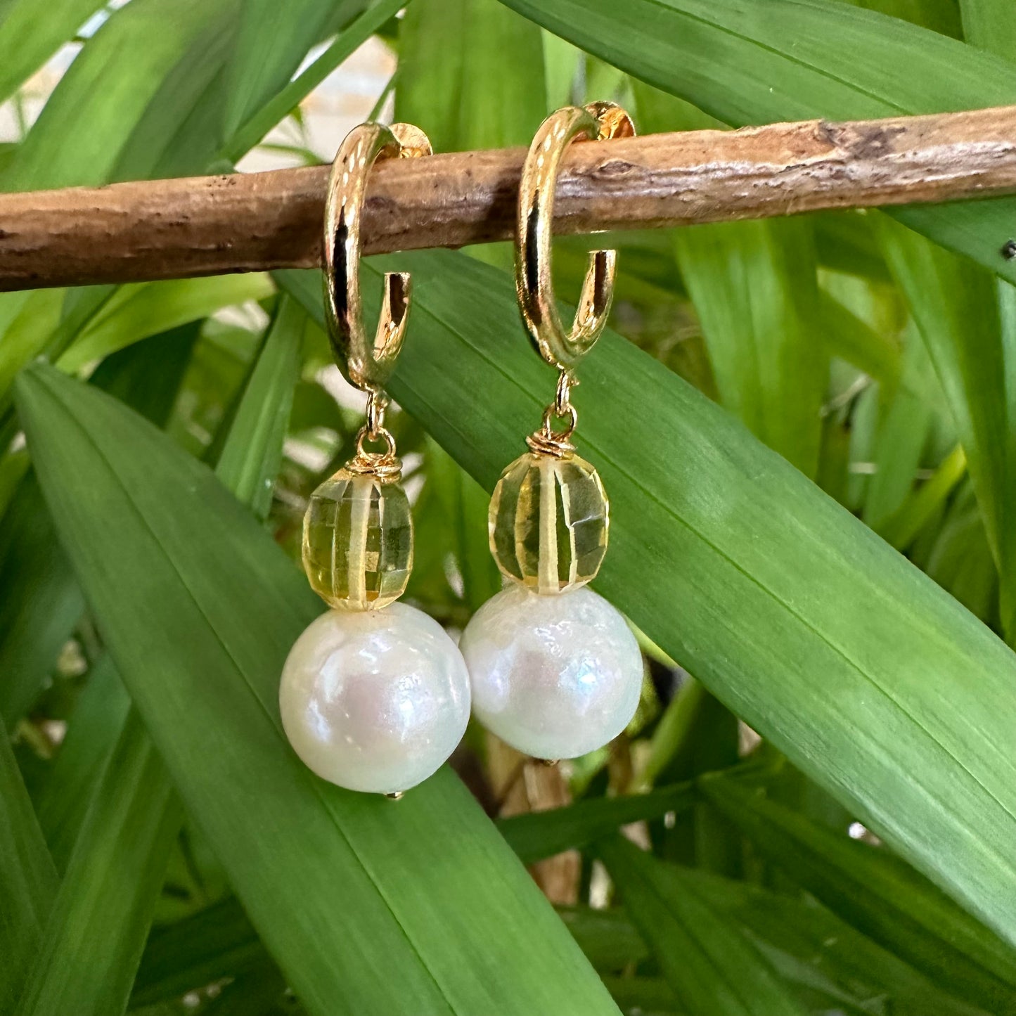 Pearl hoop earrings handmade in Canada with Edison pearls and citrine gemstones