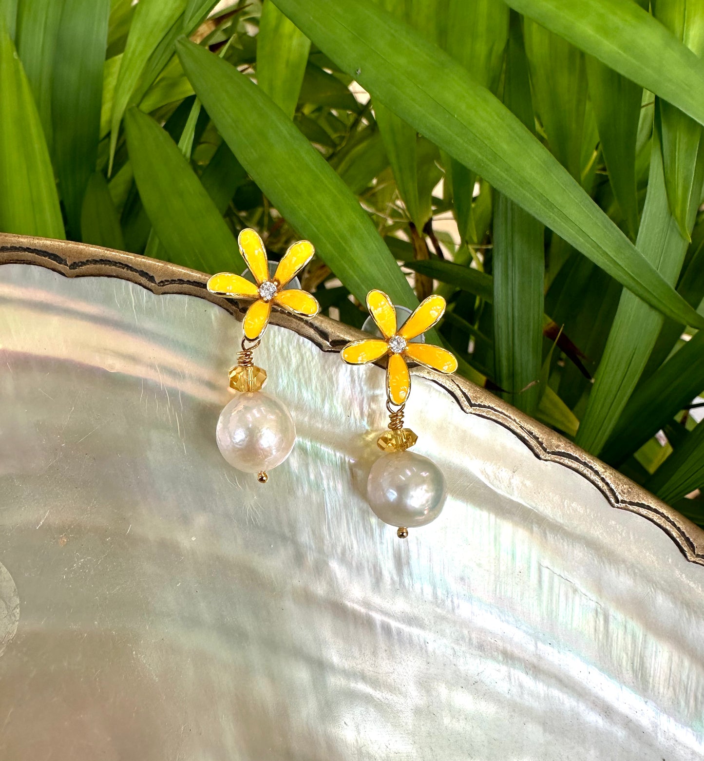 Edison pearl citrine earrings styled as elegant floral gemstone earrings in yellow enamel