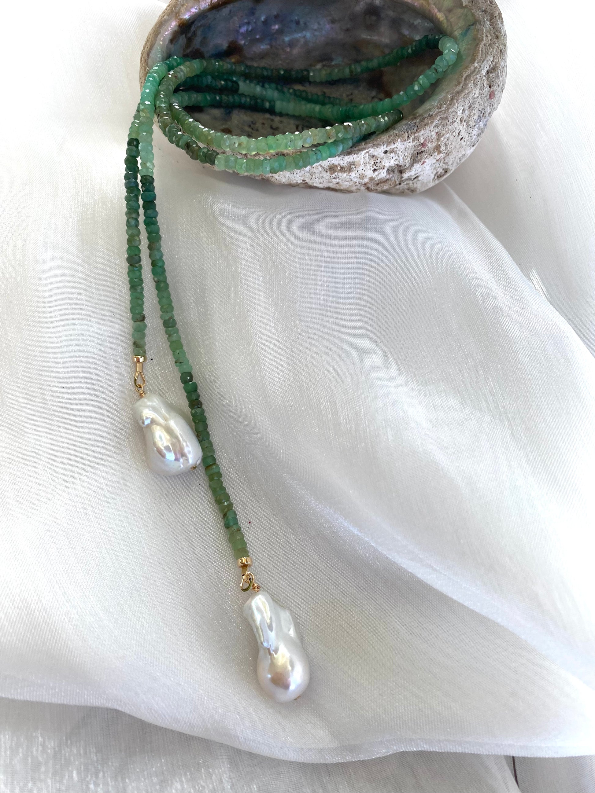 Chrysoprase lariat necklace featuring freshwater baroque pearl drops