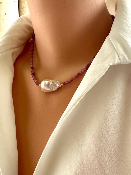 pink tourmaline baroque pearl necklace close up on mannequin side view