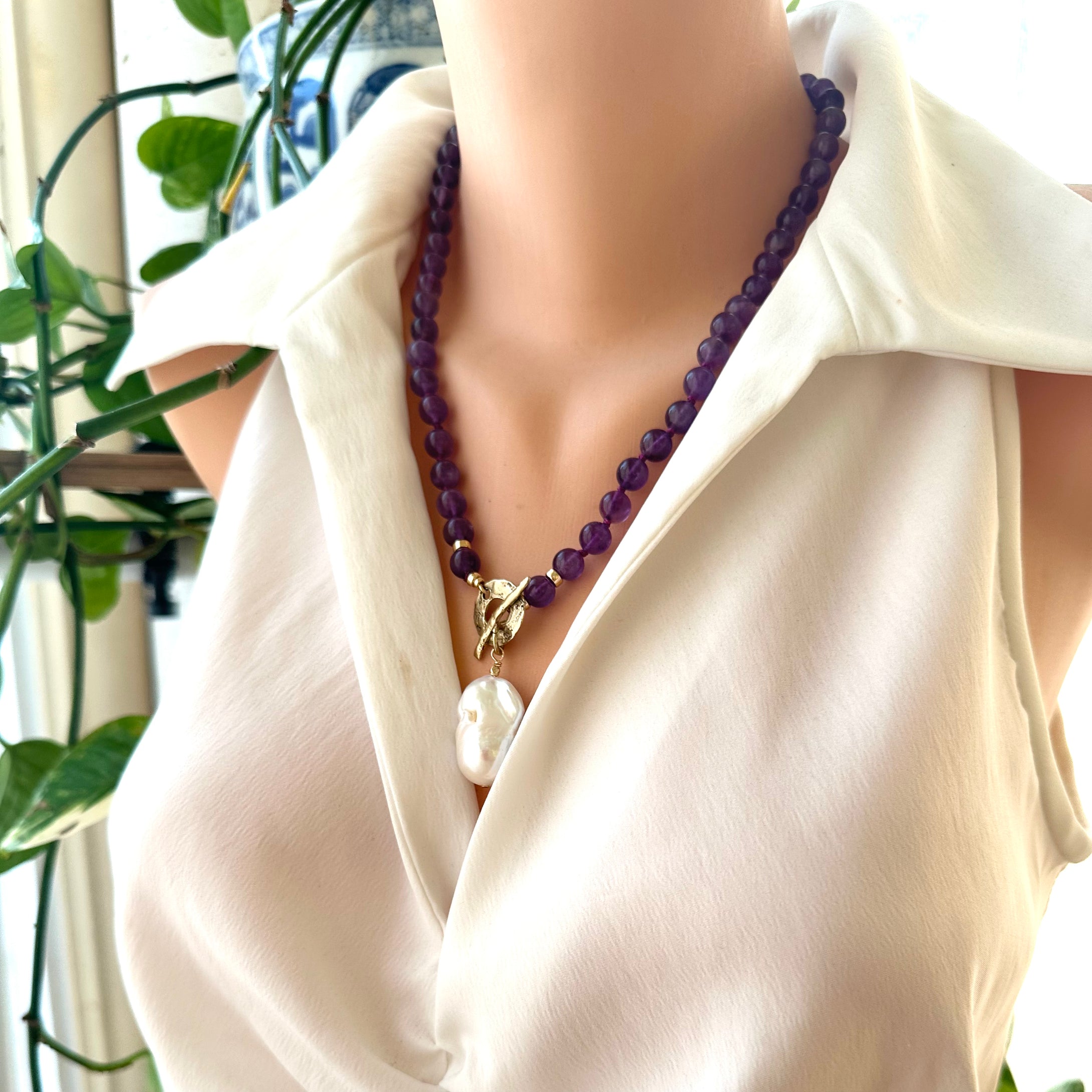 Amethyst Toggle Necklace with Baroque Pearl Pendant