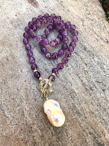 Amethyst Toggle Necklace with Baroque Pearl Pendant