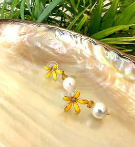 Edison White Pearls & Citrine Earrings, Yellow Enamel Flower
