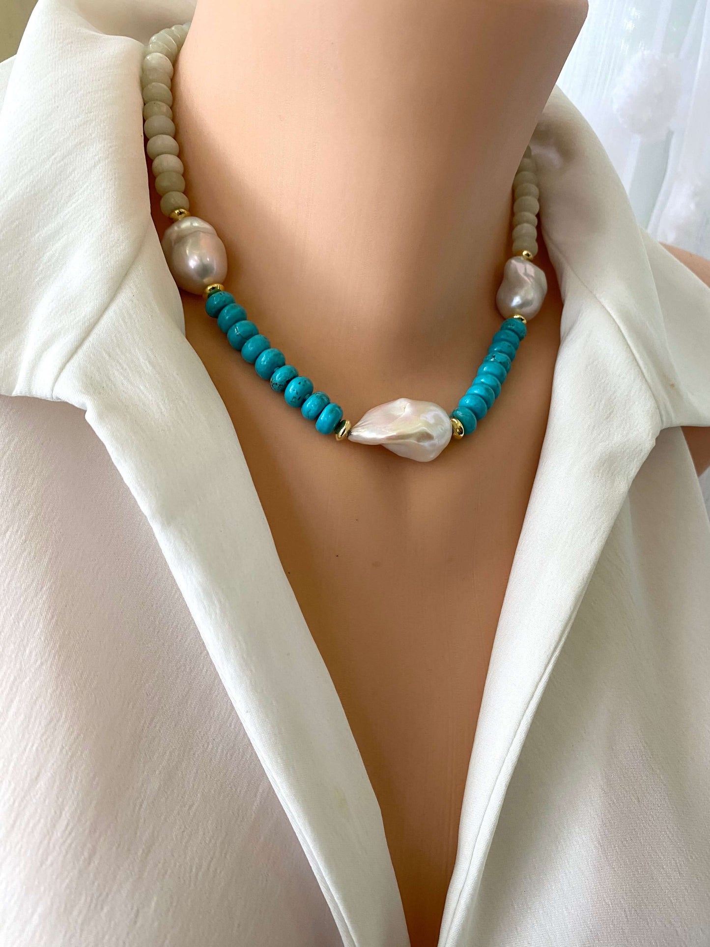 Full view of green jade and turquoise pearl necklace on mannequin, 17.5 inches long