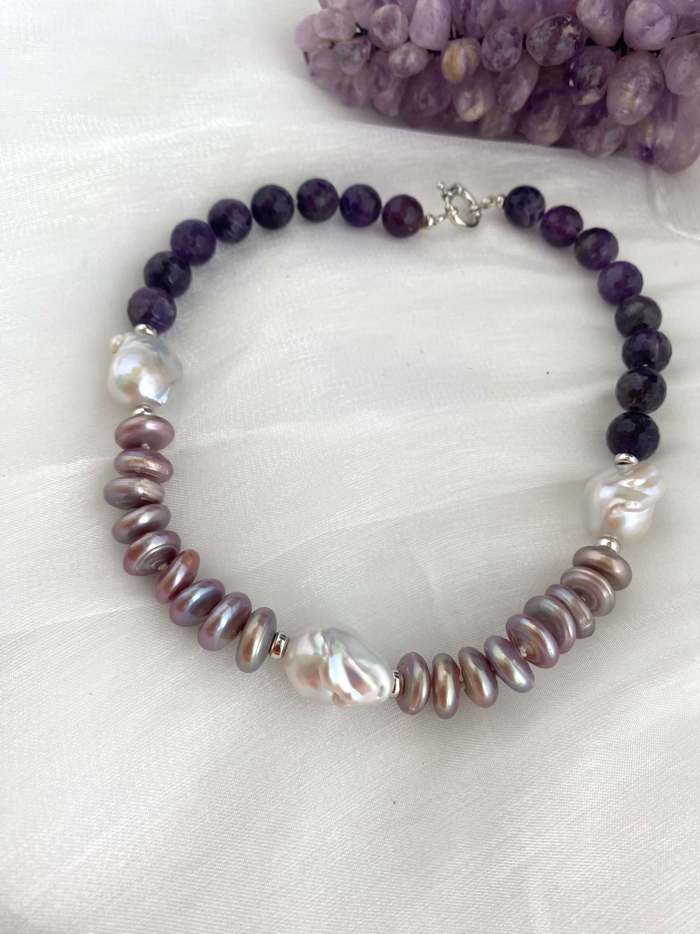 Garnet pearl necklace with Baroque and Coin Pearls featuring deep wine-red garnet and shimmering organic pearls.