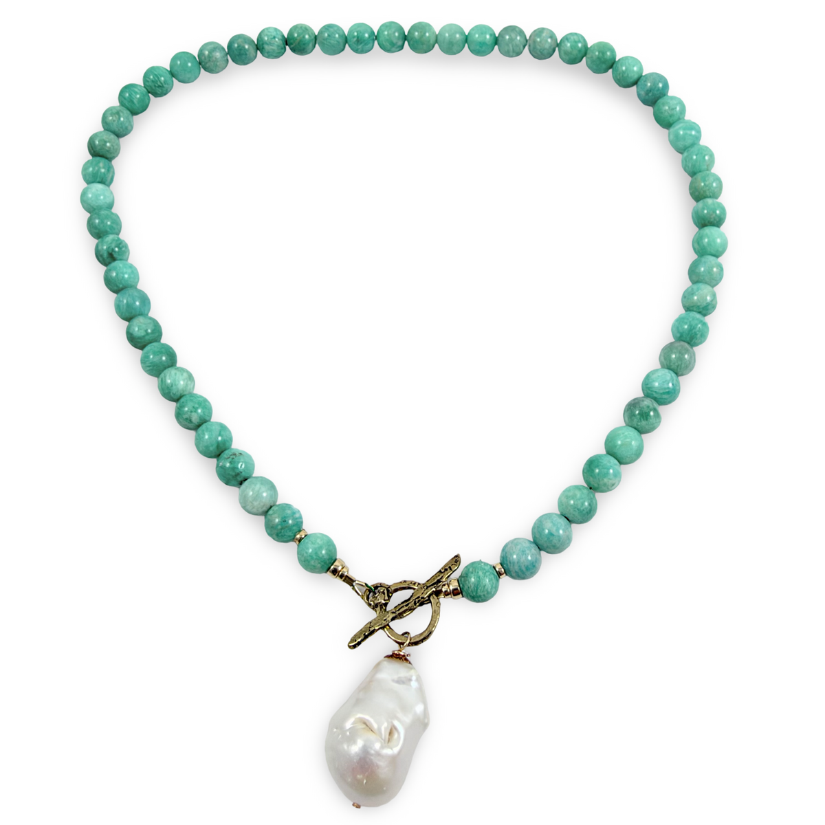 Green Amazonite & Baroque Pearl Necklace, gold artisan bronze toggle clasp