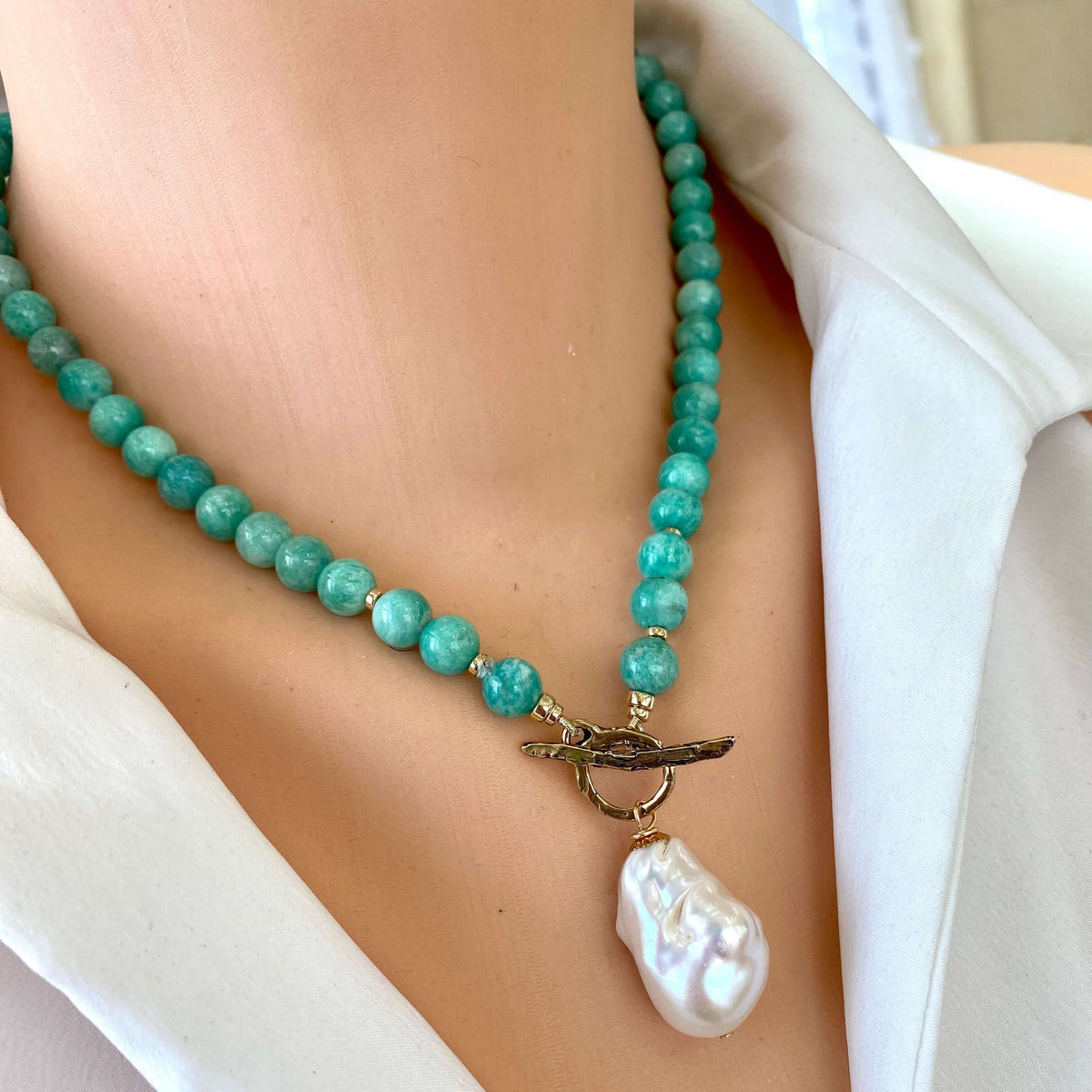 Green amazonite toggle necklace with baroque pearl pendant, Gold Filled & Gold Bronze, 18.5"inches