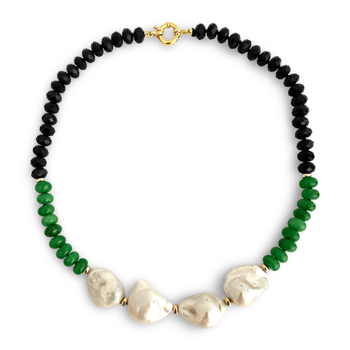vivid green jade and deep black tourmaline beads in a bold, sophisticated composition with Four luminous white baroque pearls 
