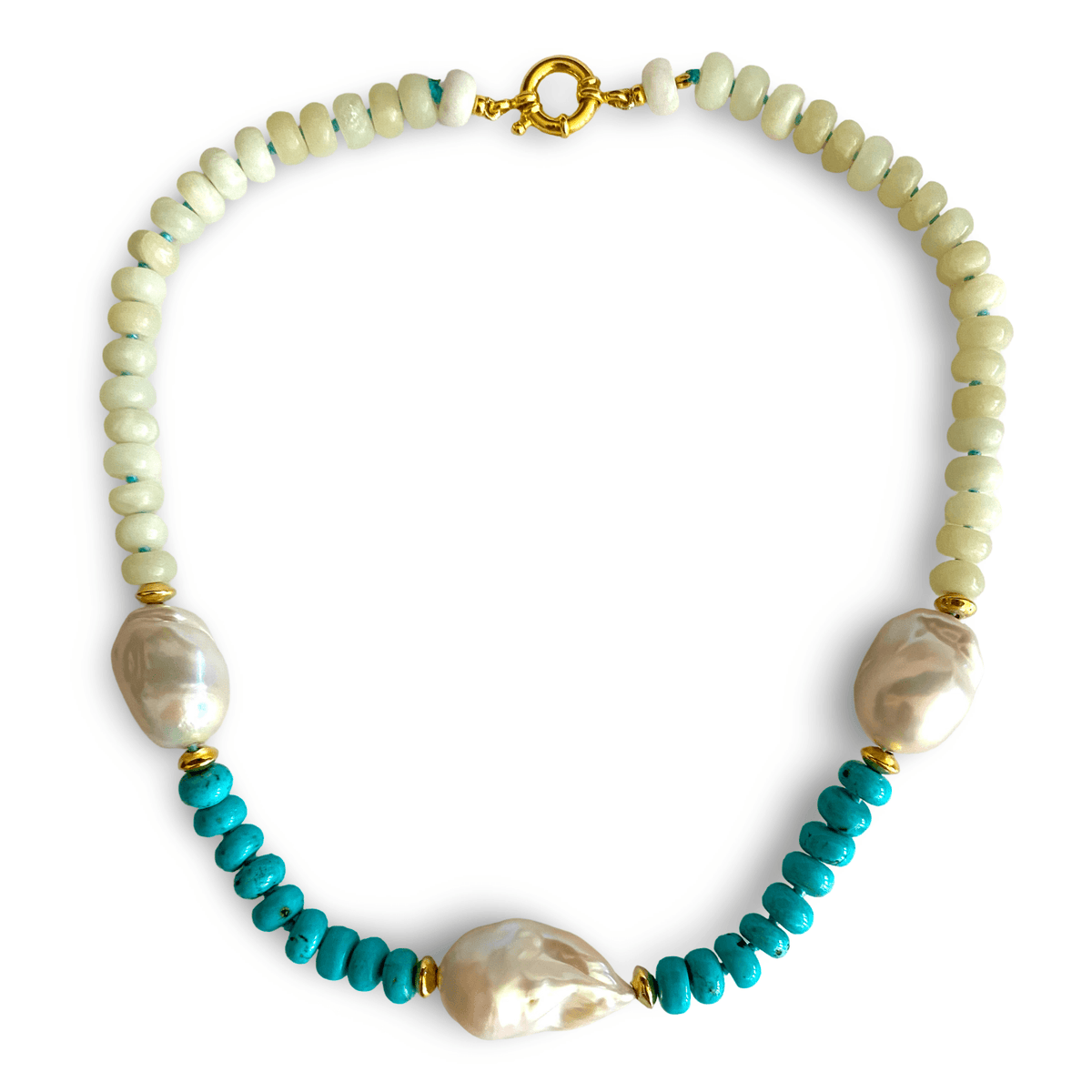 hand knotted Green Jade and Turquoise with baroque Pearl Necklace 
