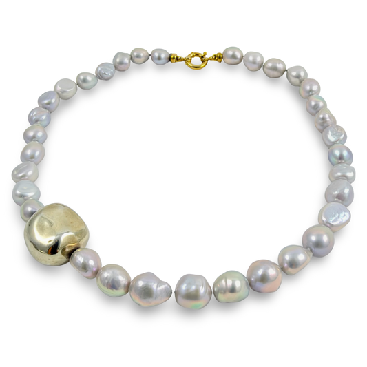 Grey Pearl Necklace with Gold Marine Clasp and gold vermeil accent on the side