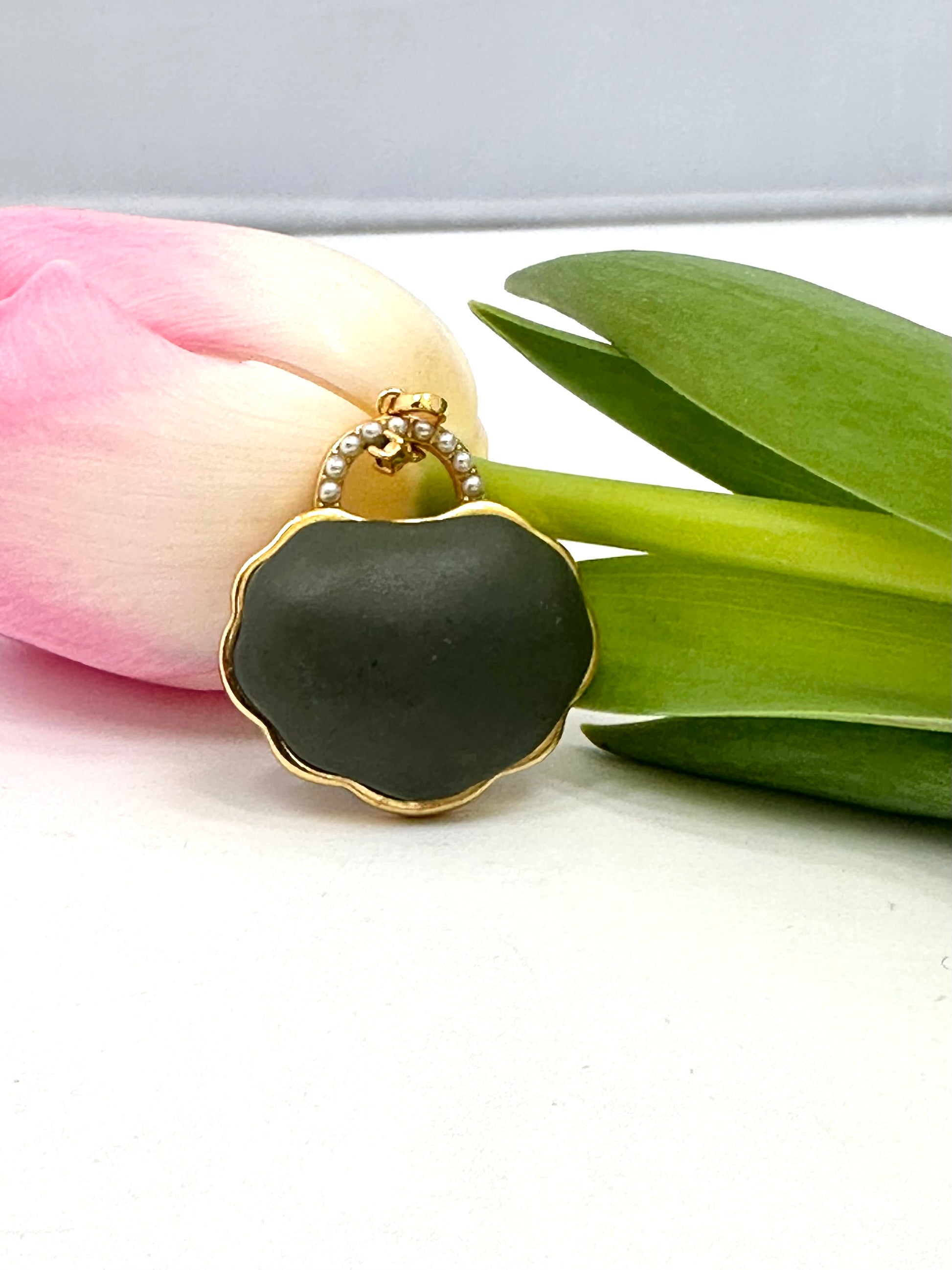 Hotan jade purse pendant in gold vermeil with matte nephrite jade