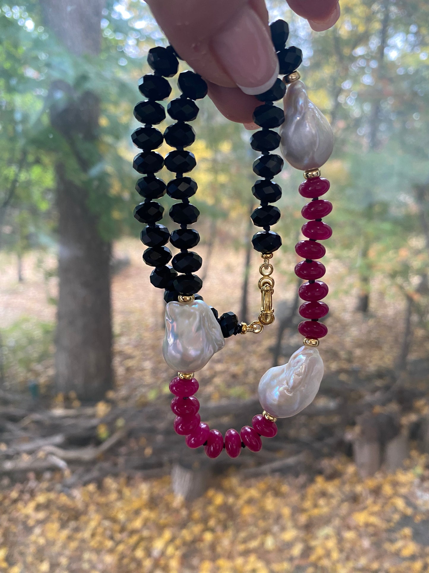 Hot Pink Jade Tourmaline Necklace | Handcrafted Baroque Pearl Design