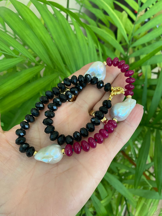 Hot Pink Jade Tourmaline Necklace | Handcrafted Baroque Pearl Design