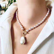 Load image into Gallery viewer, Pink Pearl Toggle Necklace with White Baroque Pearl Pendant, Gold Vermeil Silver Plated Details, 17&quot;inches
