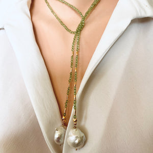 Single Strand of Green Peridot and two Large Baroque Pearls Beaded Lariat Necklace, August Birthstone, 42"inches