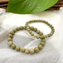Load image into Gallery viewer, Green Olivine Jasper Bracelet in 6 or 8mm, 14K GF, 7&quot;
