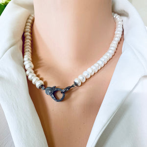 Button Pearls Candy Necklace, Diamonds Pave Oxidized Silver, 18" – Handmade in Canada