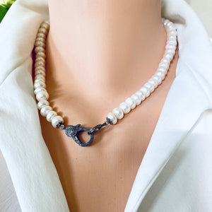 Freshwater Button Pearls Candy Necklace, Diamonds Pave Oxidized Silver Lobster Clasp, 18"inches