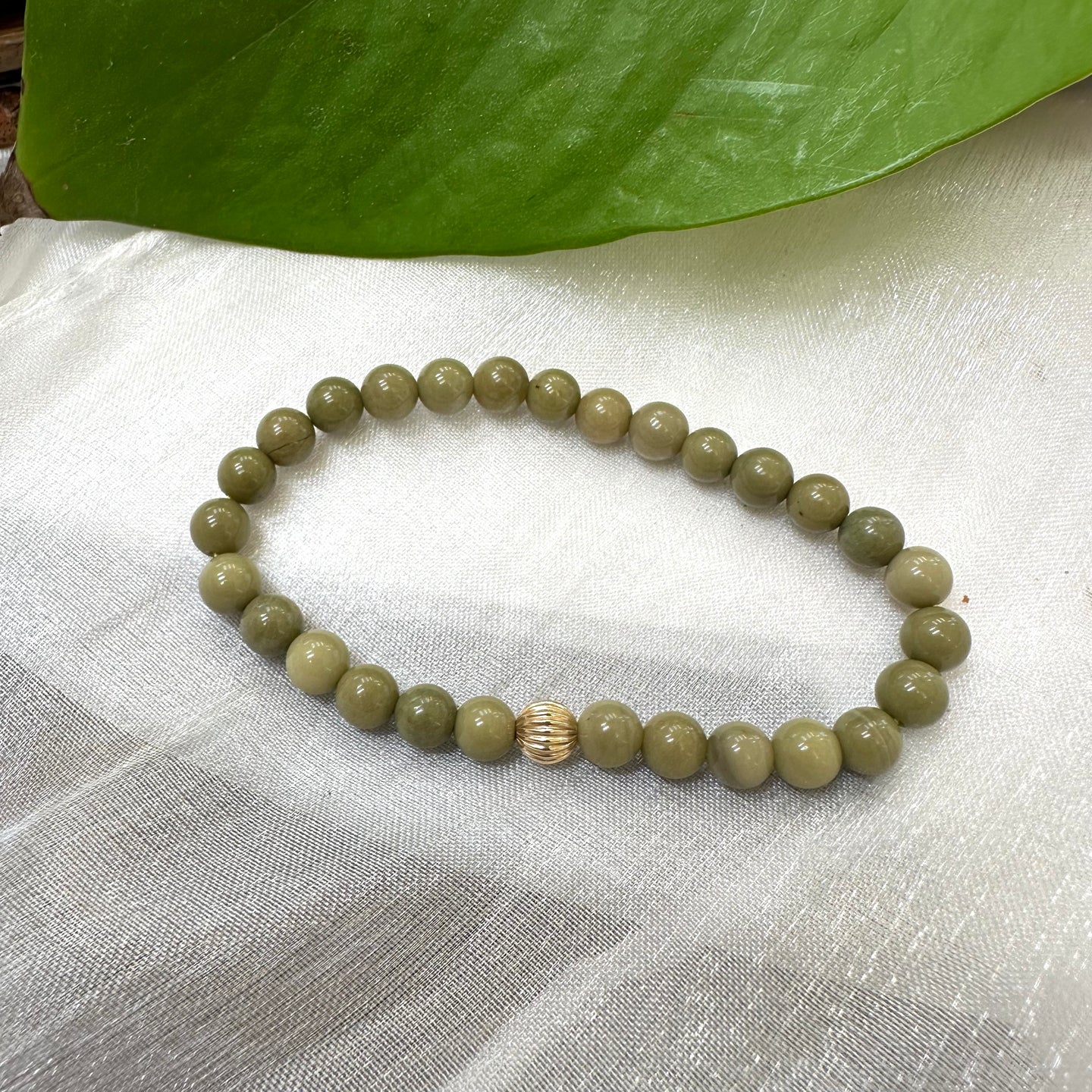 Green Olivine Jasper Bracelet in 6 or 8mm, 14K GF, 7