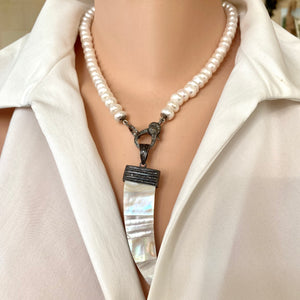 Freshwater Button Pearls Candy Necklace, Diamonds Pave Oxidized Silver Lobster Clasp, 18"inches
