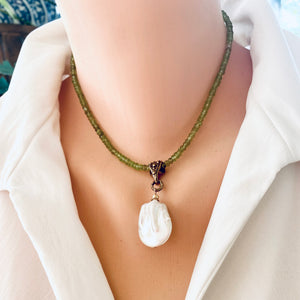 Peridot and Gold Filled Choker Necklace, Baroque Pearl Pendant, Gold Bronze, August Birthstone