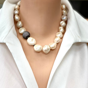 Ivory Baroque Pearl Necklace, Black Rhodium Plated Silver Details, Pave Cubic Zirconia Ball Spacer, 18"in