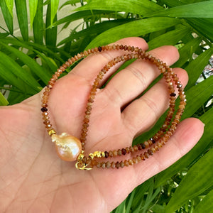 Hessonite Garnet Necklace with Golden Pink Baroque Pearl, Gold, 17" – Handmade in Canada
