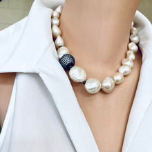 Load image into Gallery viewer, Ivory Baroque Pearl Necklace, Black Rhodium Plated Silver Details, Pave Cubic Zirconia Ball Spacer, 18&quot;in
