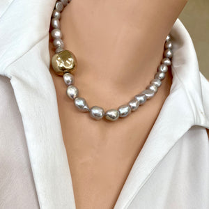 Grey Pearl Necklace with Gold Vermeil Plated Silver Details, 18"inches, Marine Clasp