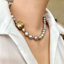 Cargar imagen en el visor de la galería, Grey Pearl Necklace with Gold Vermeil Plated Silver Details, 18&quot;inches, Marine Clasp
