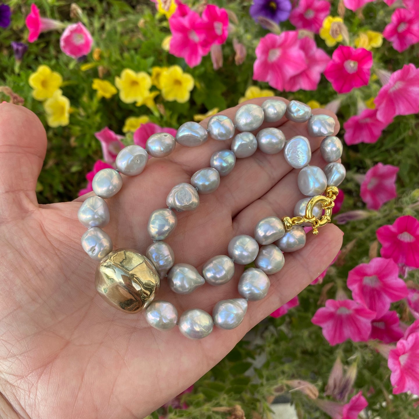 Grey Pearl Necklace, Gold Marine Clasp, 18