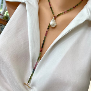 T-Bar Multi Tourmaline & Baroque Pearl Toggle Necklace, Gold Vermeil Plated Silver, 20"in, October Birthstone