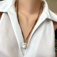 Load image into Gallery viewer, T-Bar Multi Tourmaline &amp; Baroque Pearl Toggle Necklace, Gold Vermeil Plated Silver, 20&quot;in, October Birthstone
