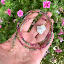 Load image into Gallery viewer, Elegant Multi Tourmaline &amp; Baroque Pearl Necklace with T-Bar Toggle Clasp
