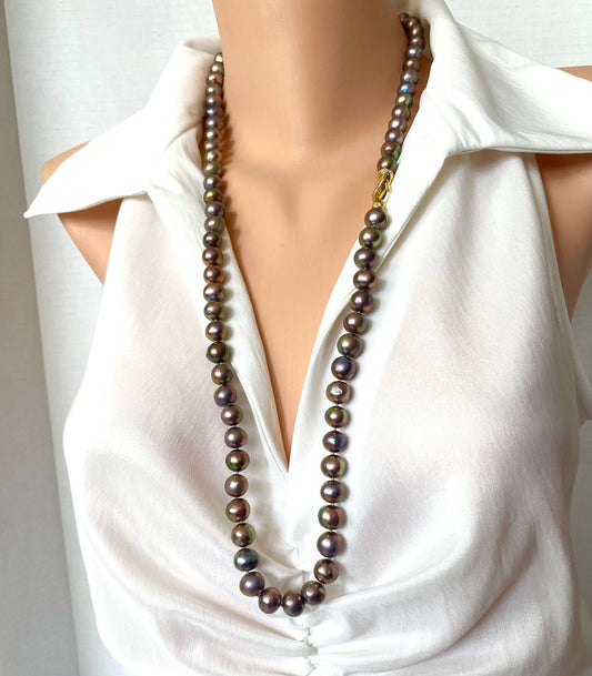 Metallic Pearl Necklace, Long Freshwater Pearl Necklace, Double Wrap Pearl Choker, Y Necklace, 31.5"