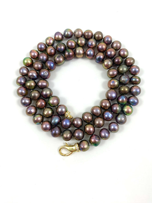 Metallic Pearl Necklace, Long Freshwater Pearl Necklace, Double Wrap Pearl Choker, Y Necklace, 31.5"