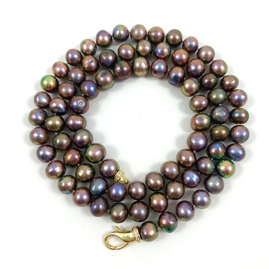 Metallic Pearl Necklace, Long Freshwater Pearl Necklace, Double Wrap Pearl Choker, Y Necklace, 31.5"
