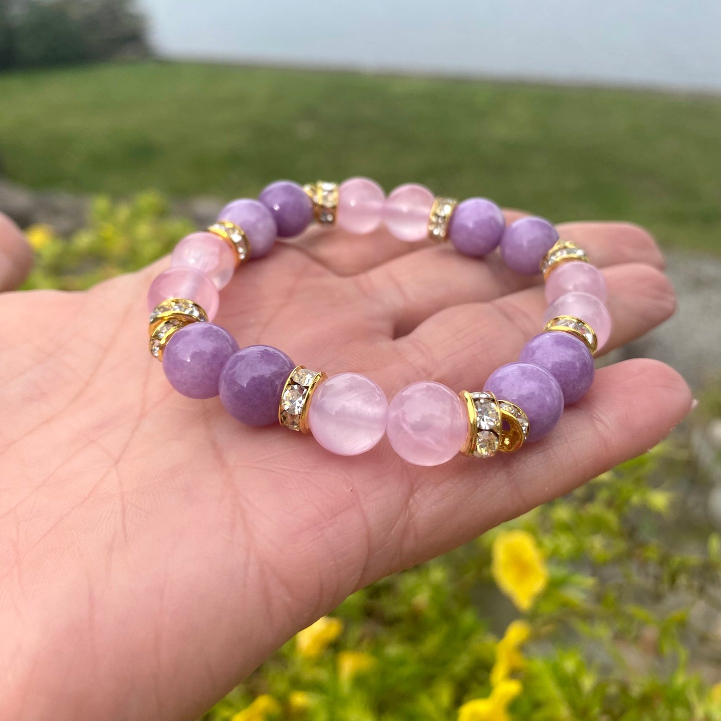 Colorful jade rhinestone stretchy bracelet featuring purple jade beads and rhinestone spacers