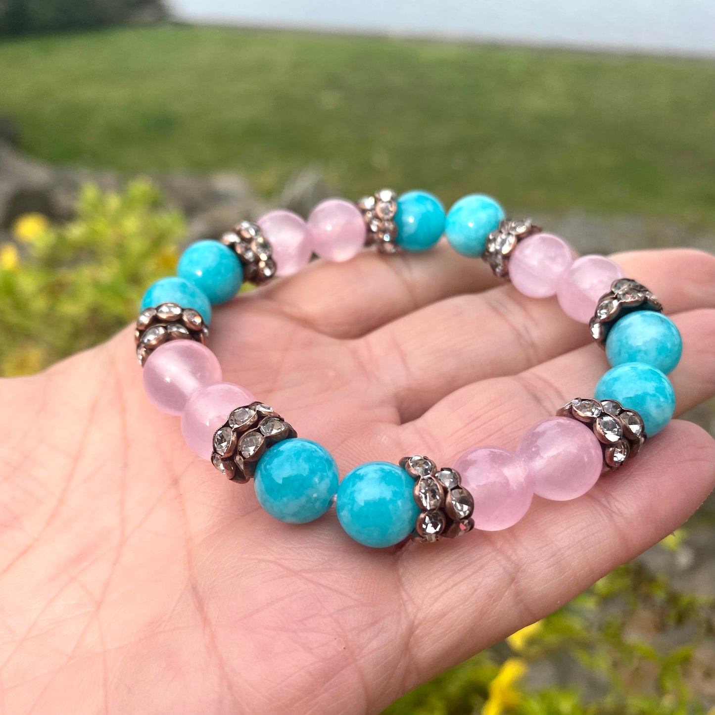 Colorful jade rhinestone stretchy bracelet showing blue and pink jade bead combination