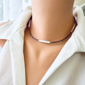 Amethyst & White Bar Pearls Necklace, 14K GF, 15.5"-18.5" – Handmade in Canada
