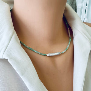 Green Chrysoprase Choker Necklace & White Bar Pearls, 14K GF, 16"-17.5" – Handmade in Canada