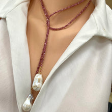 Charger l&#39;image dans la galerie, Pink Tourmaline &amp; two Large Baroque Pearls Lariat Necklace, October Birthstone
